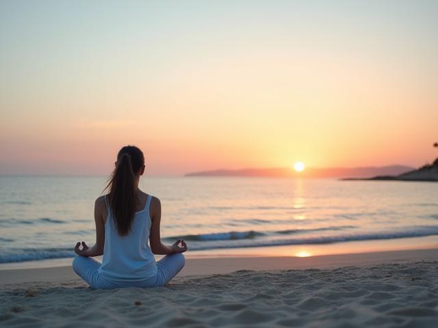 해변가에서 해돋이를 배경으로 명상하는 사람