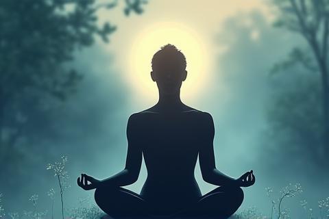 Person meditating peacefully in a serene environment.
